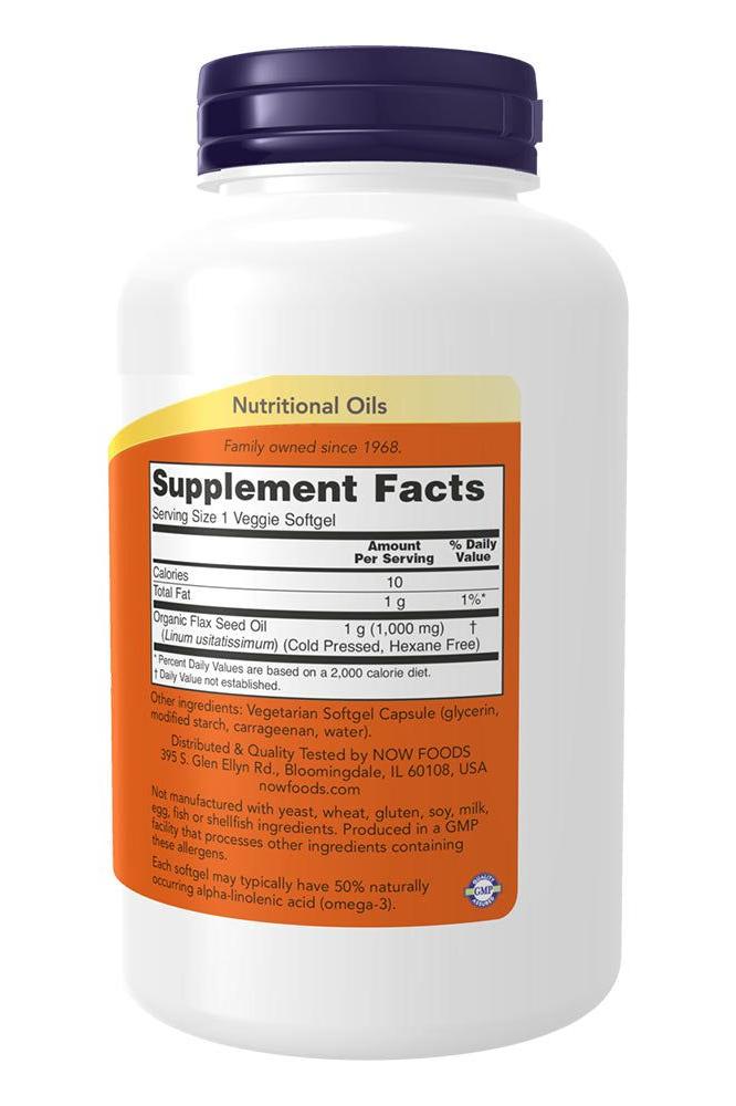 Now Foods Flax Oil 1000 mg Vegan Formula supplement facts label on a bottle of 120 veggie softgels.