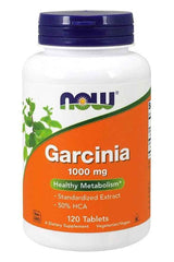 NOW Foods Garcinia 1000mg supplement bottle with 120 tablets for healthy metabolism and 50% HCA.