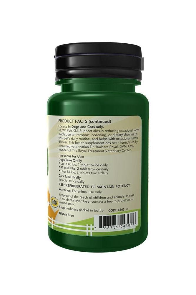 NOW Pets G.I. Support chewable tablets bottle back view detailing product facts for dogs and cats.