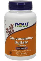 NOW Foods Glucosamine Sulfate 750 mg supplement bottle with 120 capsules for joint health and mobility.