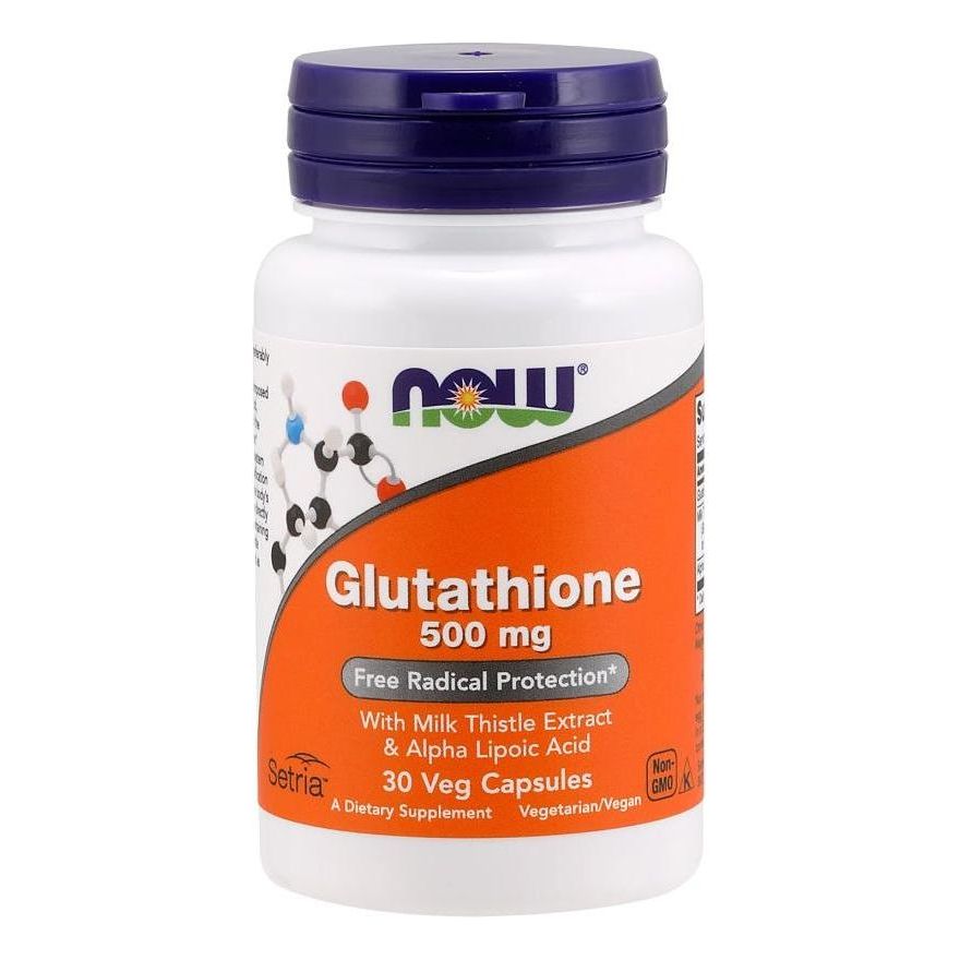 NOW Foods Glutathione 500 mg capsules with Milk Thistle Extract and Alpha Lipoic Acid, 30 count bottle.