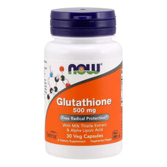 NOW Foods Glutathione 500 mg capsules with Milk Thistle Extract and Alpha Lipoic Acid, 30 count bottle.