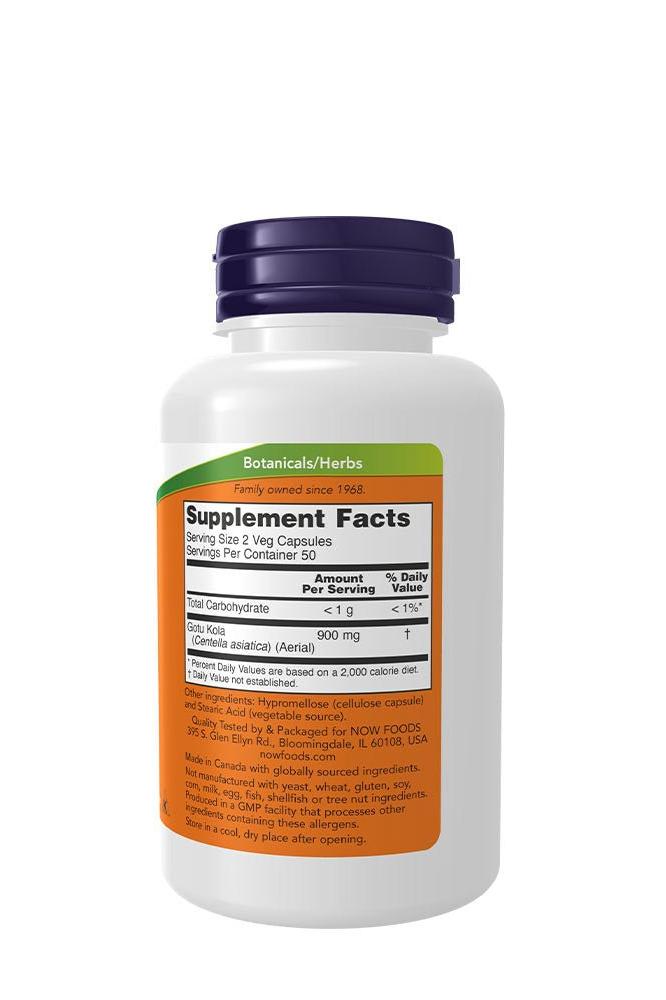 NOW Foods Gotu Kola 450mg supplement facts on bottle, 100 vegetable capsules for herbal remedy.
