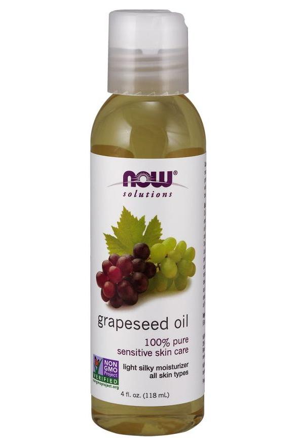 NOW Foods Grapeseed Oil bottle, 100% pure, non-GMO, lightweight moisturizer for all skin types.
