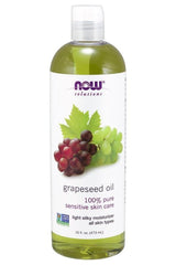 NOW Foods Grapeseed Oil 100% pure moisturizer for all skin types, light and silky, in a 16 oz bottle.