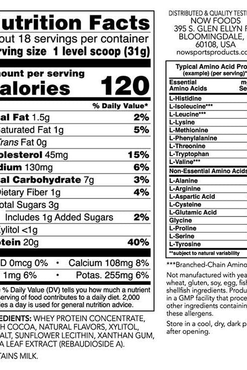 Now Foods Grass-Fed Whey Protein nutrition facts label displaying calories, protein, and essential amino acids.