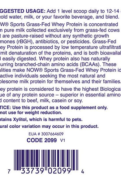 Now Foods Grass-Fed Whey Protein label with usage instructions and nutritional facts.