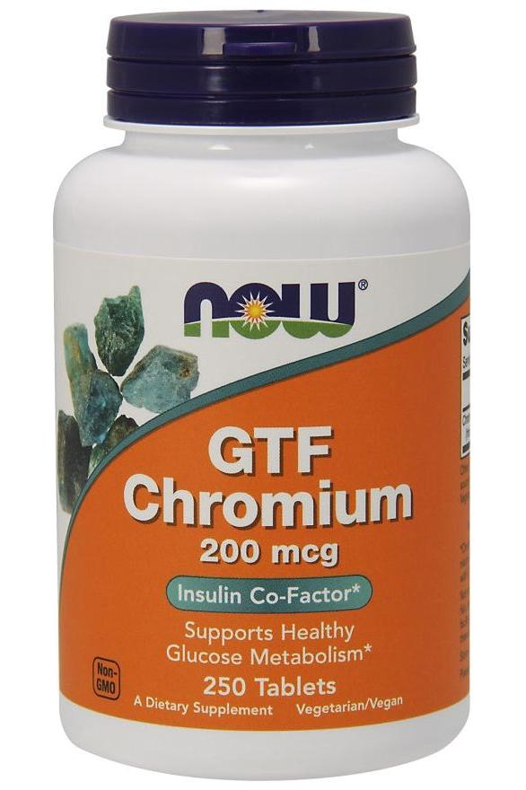 NOW Foods GTF Chromium 200mcg supplement bottle, supports healthy glucose metabolism, 250 tablets, vegan and gluten-free.