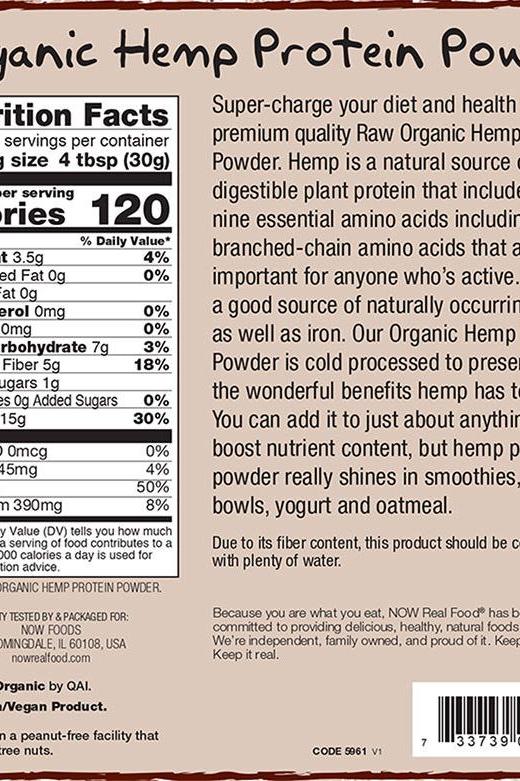 Now Foods Organic Hemp Protein Powder nutrition label showcasing protein, fiber, and essential fatty acids benefits.