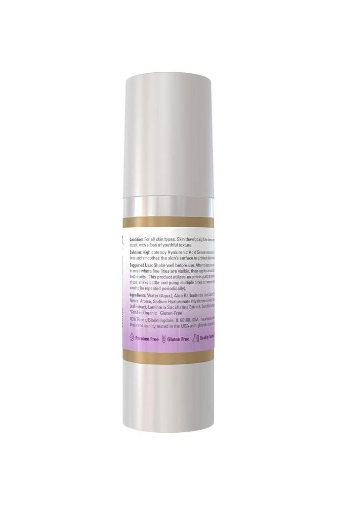 NOW® Hyaluronic Acid Firming Serum in a sleek silver bottle, designed to reduce fine lines and smooth skin texture.