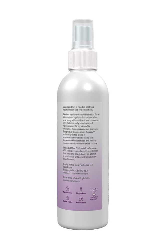 Now Foods Hyaluronic Acid Hydration Facial Mist 118 ml bottle, nourishing and hydrating skin formula.