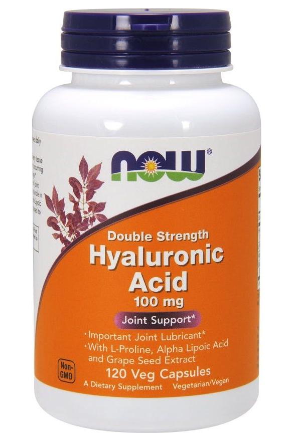 NOW Foods Double Strength Hyaluronic Acid 100 mg for joint support, 120 vegetarian capsules.