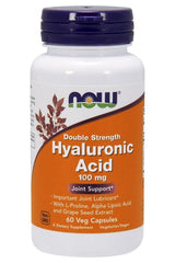 NOW Foods Hyaluronic Acid supplement bottle, 100 mg, for joint support with L-Proline and grape seed extract.