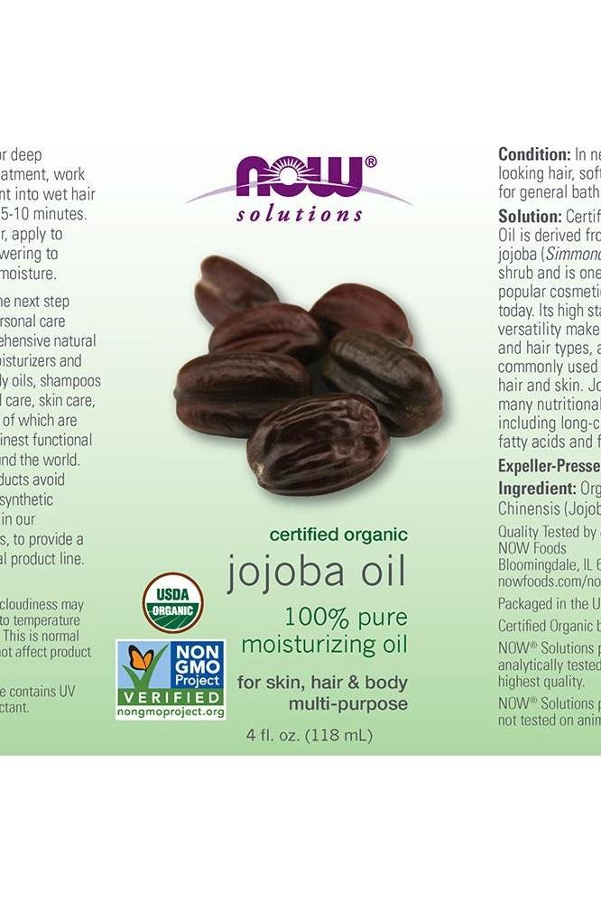 NOW Certified Organic Jojoba Oil 118 ml bottle for skin, hair, and body care, containing pure moisturizing oil.