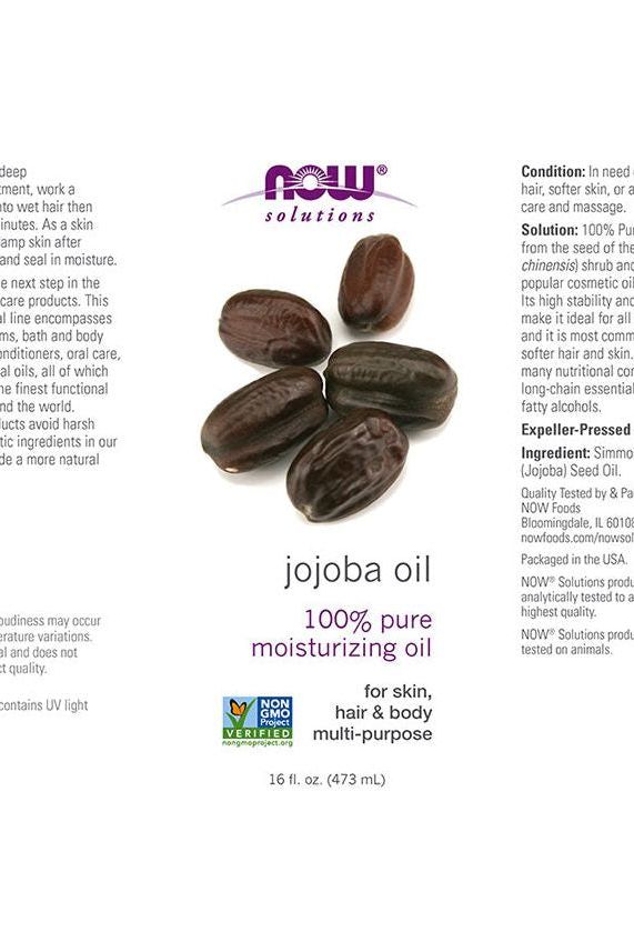 Now Foods Jojoba Oil 100% pure moisturizing oil for skin, hair, and body, featuring nutrient-rich ingredients.