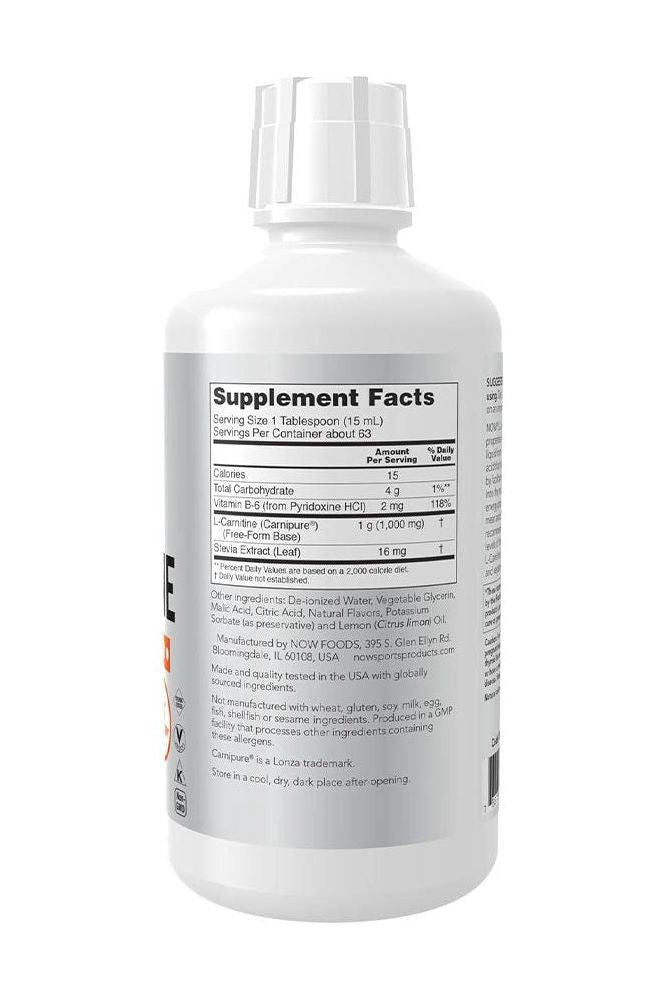Now Foods L-Carnitine Liquid 1000 mg supplement facts on the bottle, highlighting ingredients and serving size.