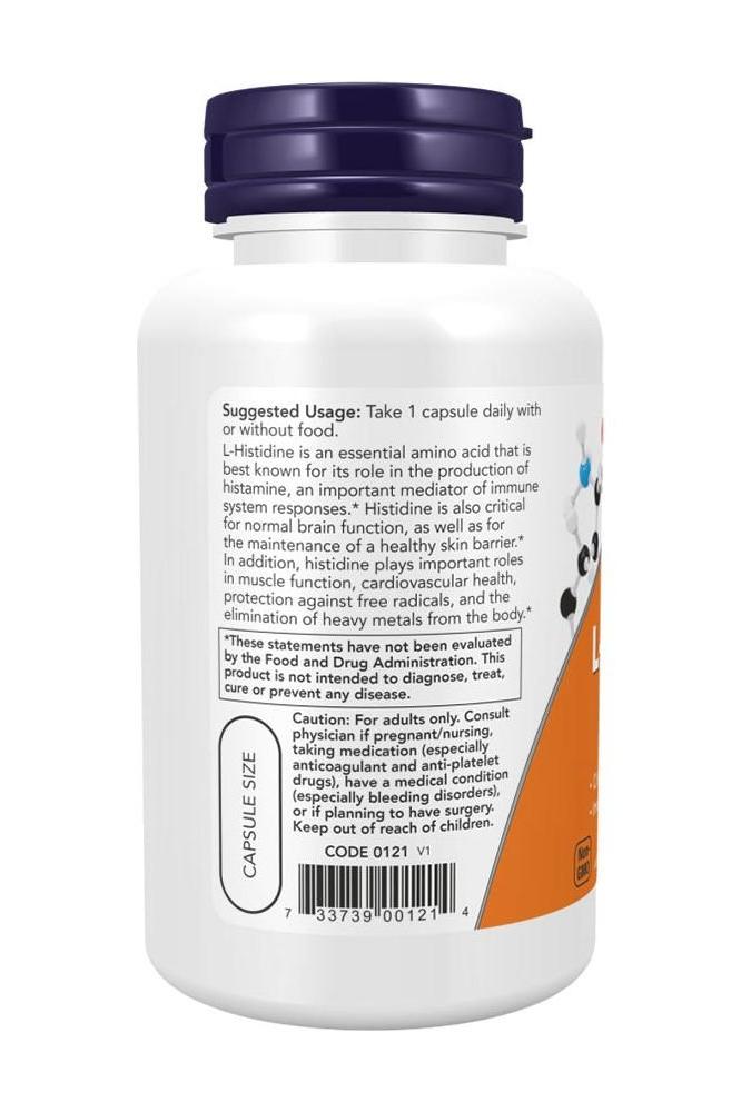 Now Foods L-Histidine 600 mg bottle back view, features usage instructions and benefits for brain and immune health.