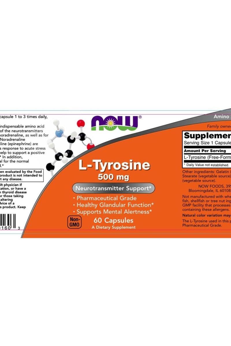 Now Foods L-Tyrosine 500 mg supplement packaging, 60 capsules, supports mental alertness and healthy glandular function.