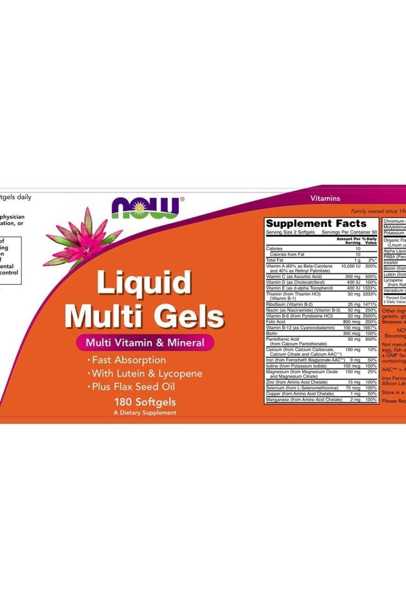 NOW Liquid Multi Gels packaging with multivitamins, lutein, lycopene, and flaxseed oil, 180 softgels.