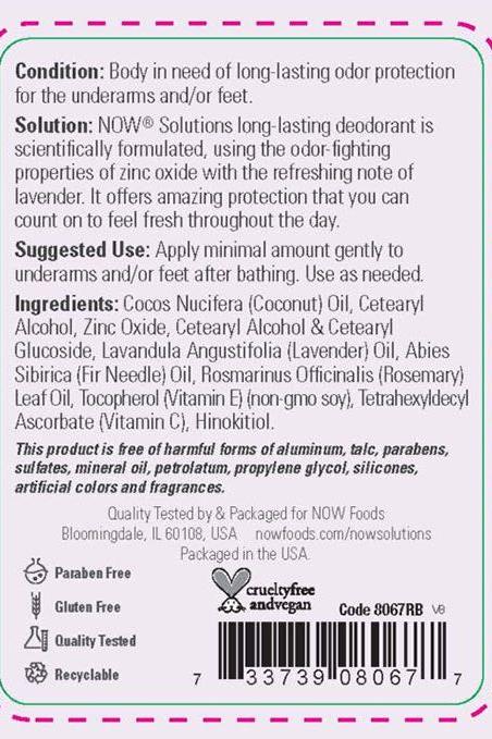 Now Foods long-lasting deodorant stick label detailing ingredients and usage recommendations for refreshing lavender scent.