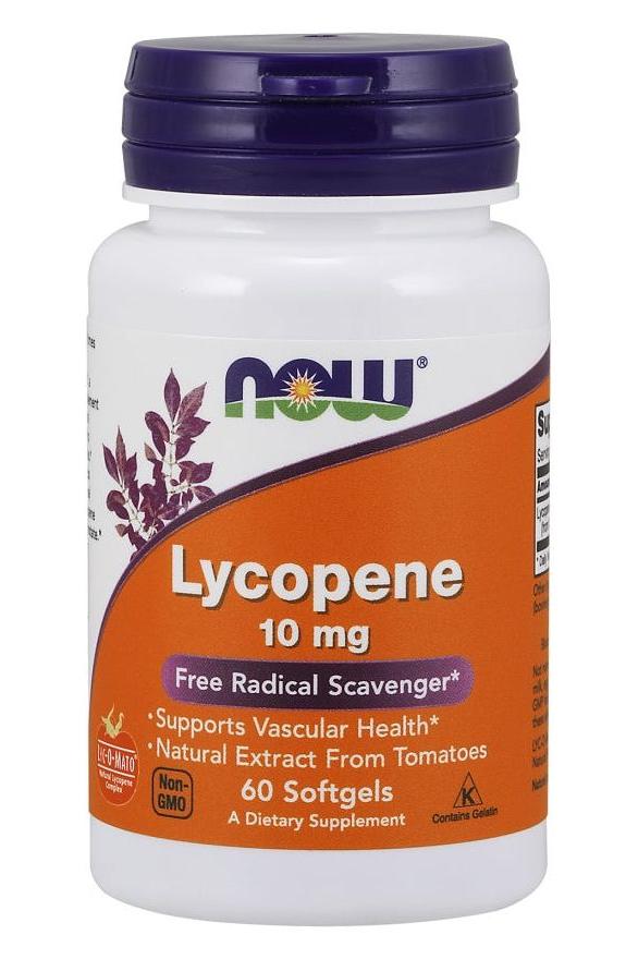 NOW Foods Lycopene 10 mg supplement bottle for vascular health support, featuring softgels and natural tomato extract.