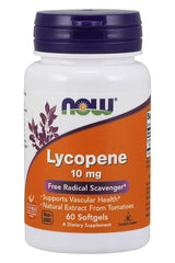 NOW Foods Lycopene 10 mg supplement bottle for vascular health support, featuring softgels and natural tomato extract.