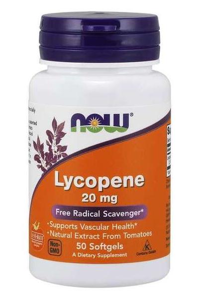 NOW Foods Lycopene 20 mg dietary supplement, supports vascular health, 50 softgels with tomato extract.