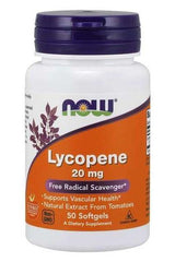 NOW Foods Lycopene 20 mg dietary supplement, supports vascular health, 50 softgels with tomato extract.