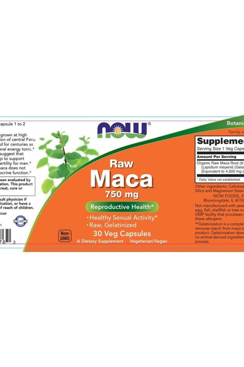 Now Foods Maca 750 mg supplement label, promoting reproductive health and healthy sexual activity.