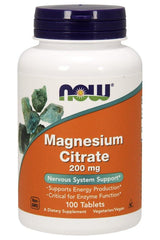 NOW Foods Magnesium Citrate 200 mg supplement for nervous system support and energy production, 100 tablets.
