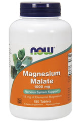 NOW Foods Magnesium Malate 1000mg supplement bottle, 180 tablets for nervous system support.