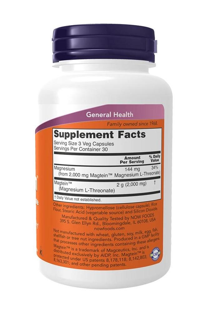 Now Foods - Magtein magnesium L-threonate supplement facts on bottle for brain health and cognitive support.