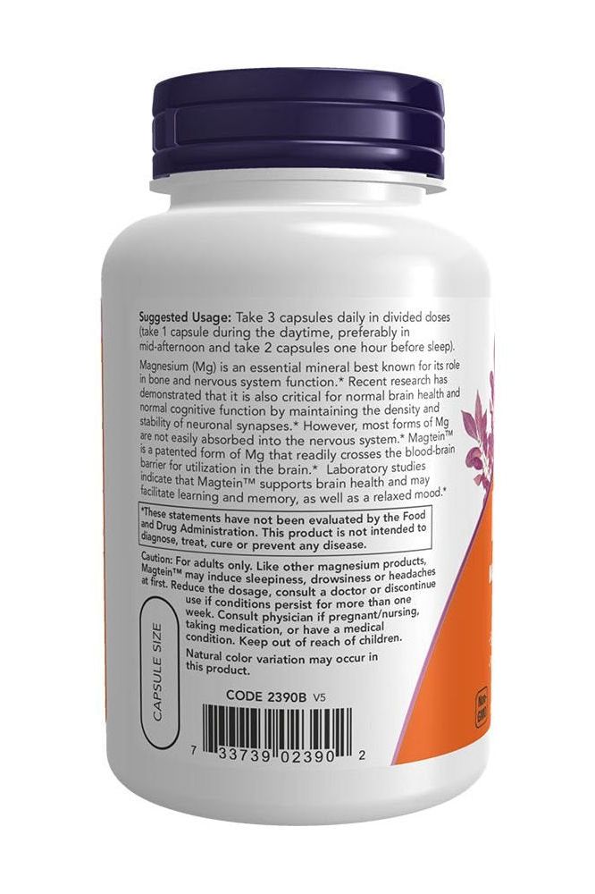 Now Foods Magtein magnesium supplement bottle, directions for use and ingredient benefits.