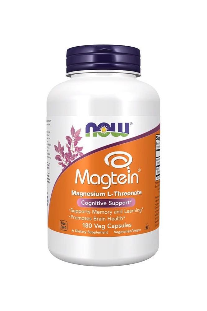 Now Foods Magtein Magnesium L-Threonate supplement bottle for cognitive support and brain health.