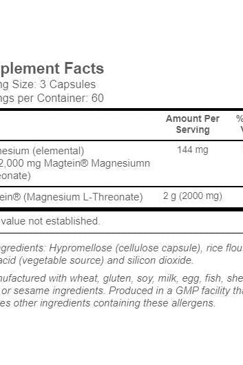 Supplement facts for Now Foods Magtein, detailing magnesium L-Threonate content and ingredients.