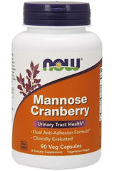 NOW Foods Mannose Cranberry supplement bottle for urinary tract health, contains 90 vegan capsules.
