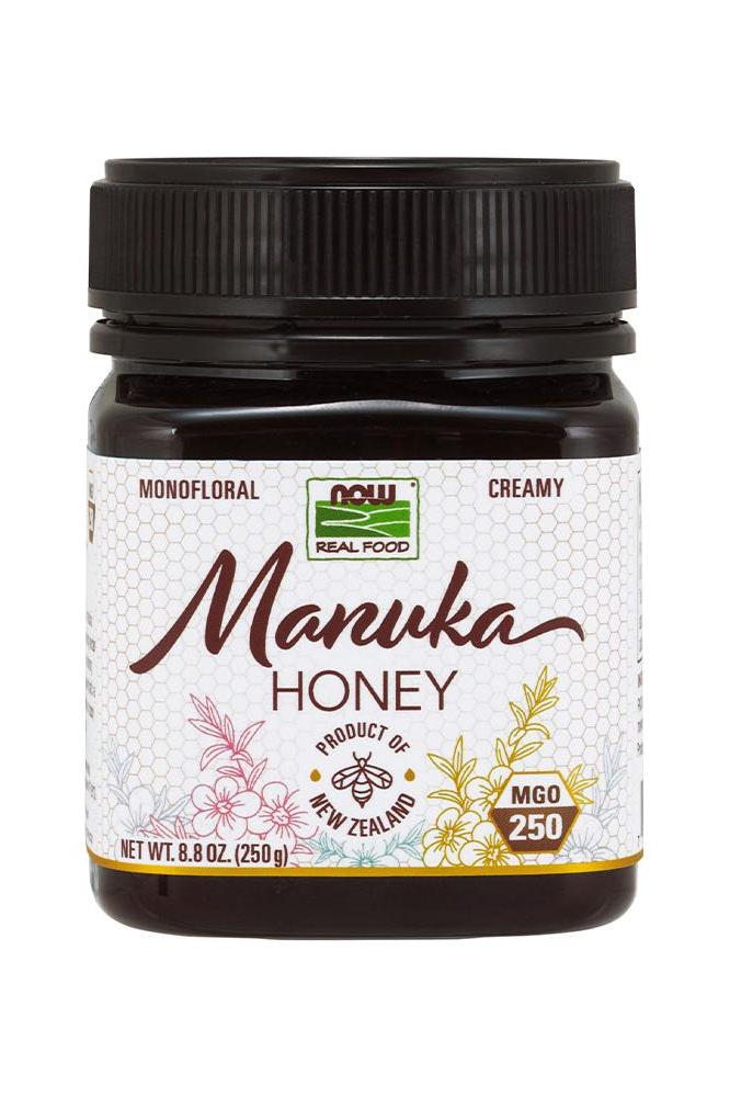 NOW Manuka Honey 250g jar, creamy monofloral honey from New Zealand, perfect for tea and smoothies.