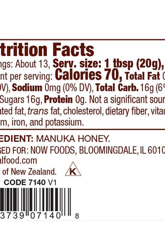 Nutrition facts label for Now Foods Manuka Honey, detailing calories, serving size, and ingredients.