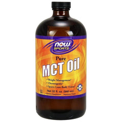 NOW Foods Pure MCT Oil bottle designed for weight management and fat burning, 32 fl oz, vegetarian supplement.