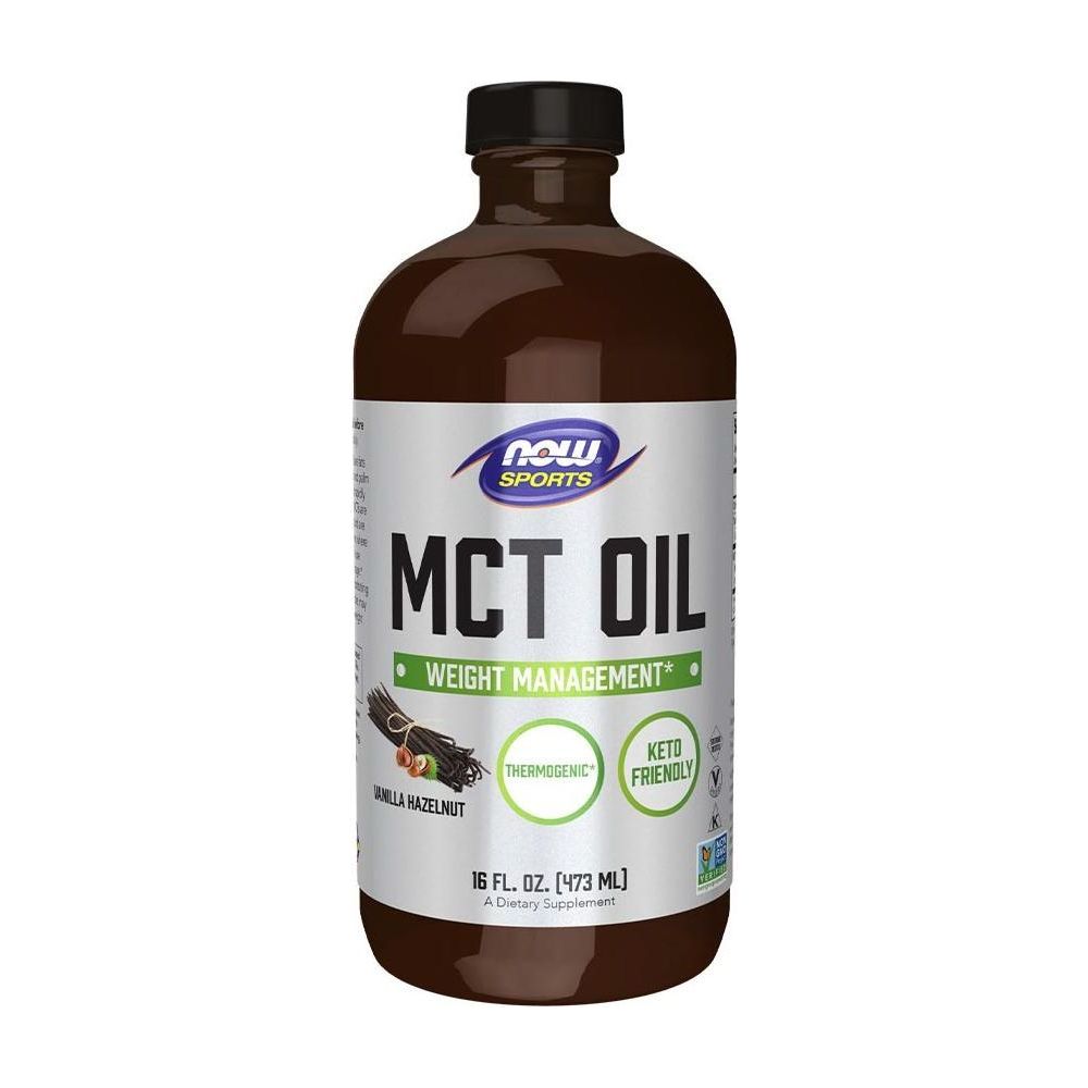 NOW Foods MCT Oil bottle for weight management, featuring a thermogenic formula, vanilla hazelnut flavor, and keto-friendly label.