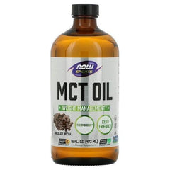 NOW Foods MCT Oil, weight management supplement in chocolate mocha flavor, 16 oz bottle for keto diets.