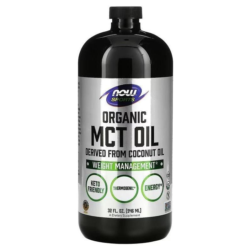 NOW Foods Organic MCT Oil bottle for energy and weight management, keto-friendly supplement, derived from coconut oil.