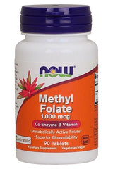 NOW Foods Methyl Folate 1000mcg supplement bottle, 90 tablets, superior bioavailability, vegan co-enzyme B vitamin.