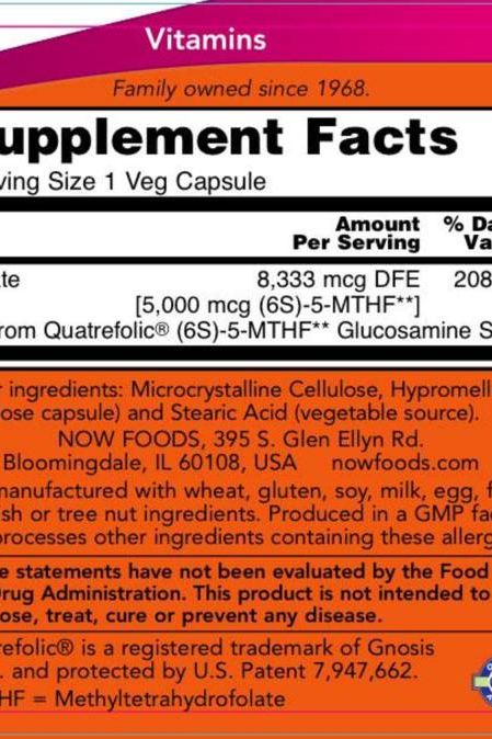 Now Foods Methyl Folate supplement facts label showing ingredients and nutritional information for 5000 mcg dosage.