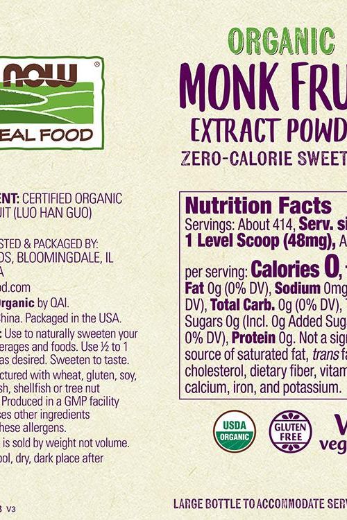 Now Foods Organic Monk Fruit Extract Powder label showcasing zero-calorie sweetener benefits and nutritional information.