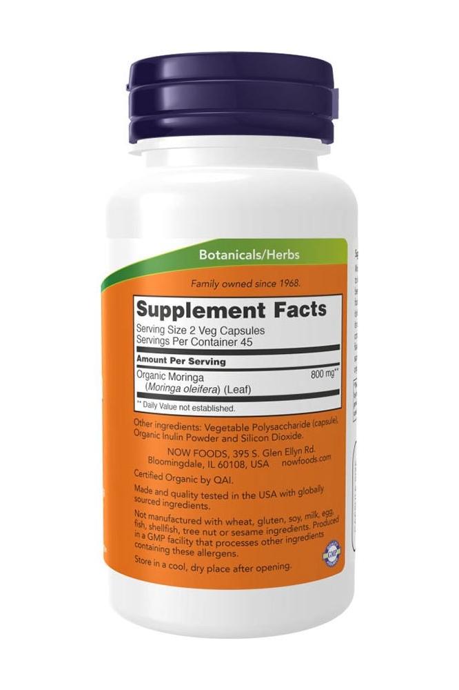 Now Foods Moringa Leaf capsules bottle showing supplement facts label with organic ingredients information.