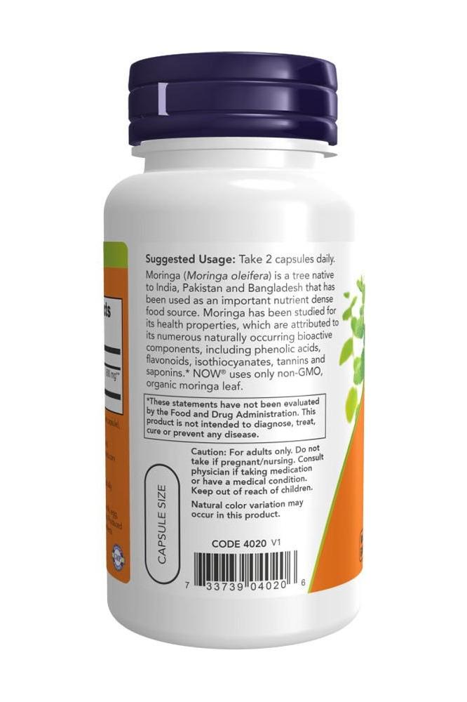 Now Foods Moringa Leaf capsules bottle showing suggested usage and ingredient details.