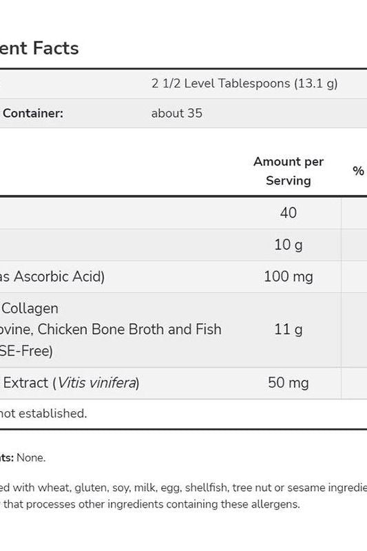 Nutrition facts for NOW Foods Multi Collagen Protein showing serving size and key ingredients.