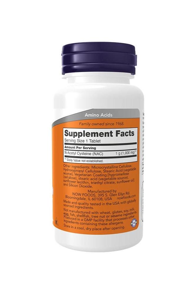 Now Foods NAC Acetyl-Cysteine 1000 mg supplement bottle with dosage details and facts.