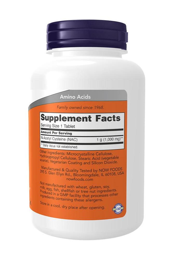 Now Foods NAC Acetyl-Cysteine 1000 mg supplement bottle with label detailing serving facts.